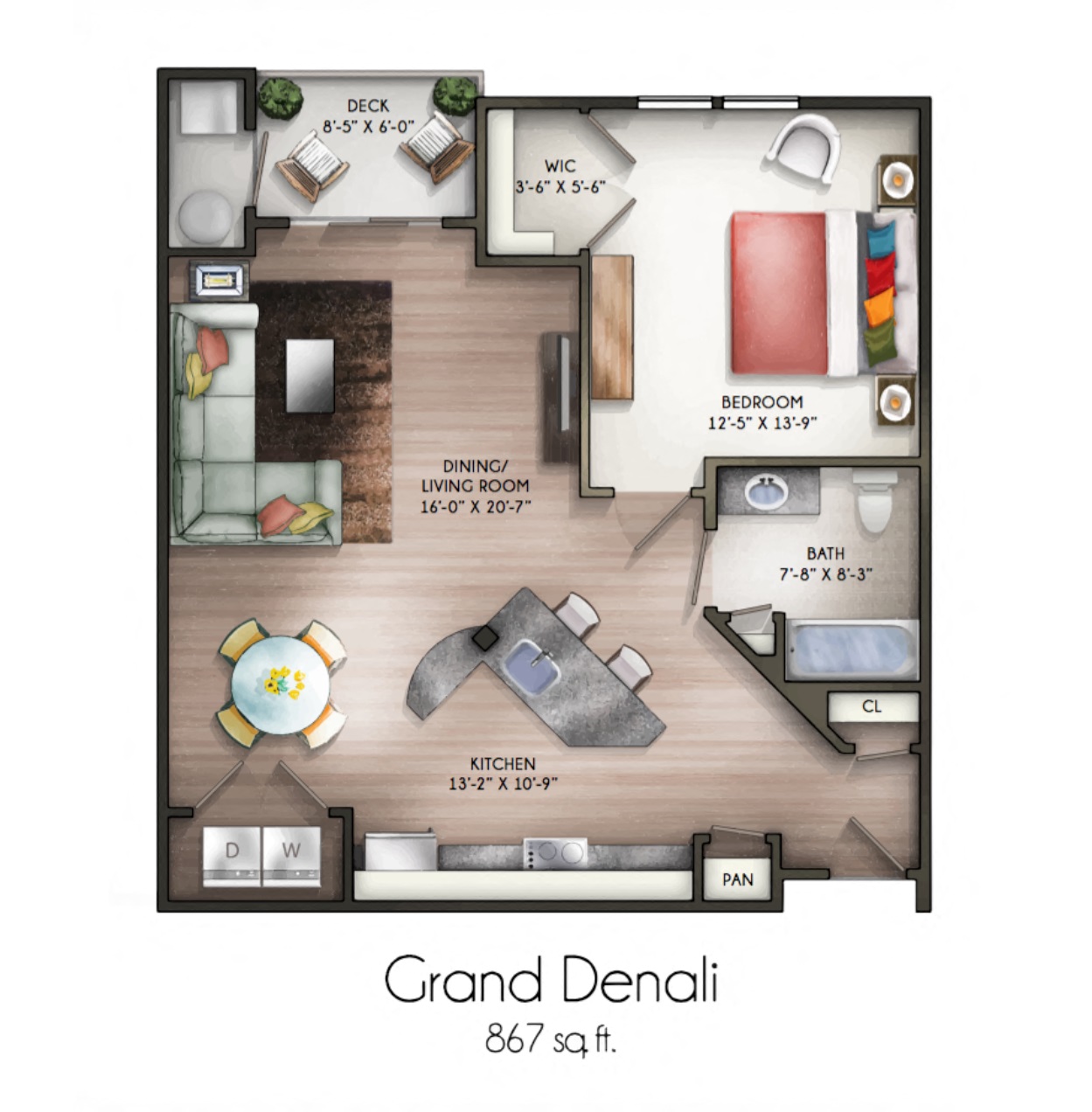 Floor plan for 1 bed, 1 bath, 867 sqft